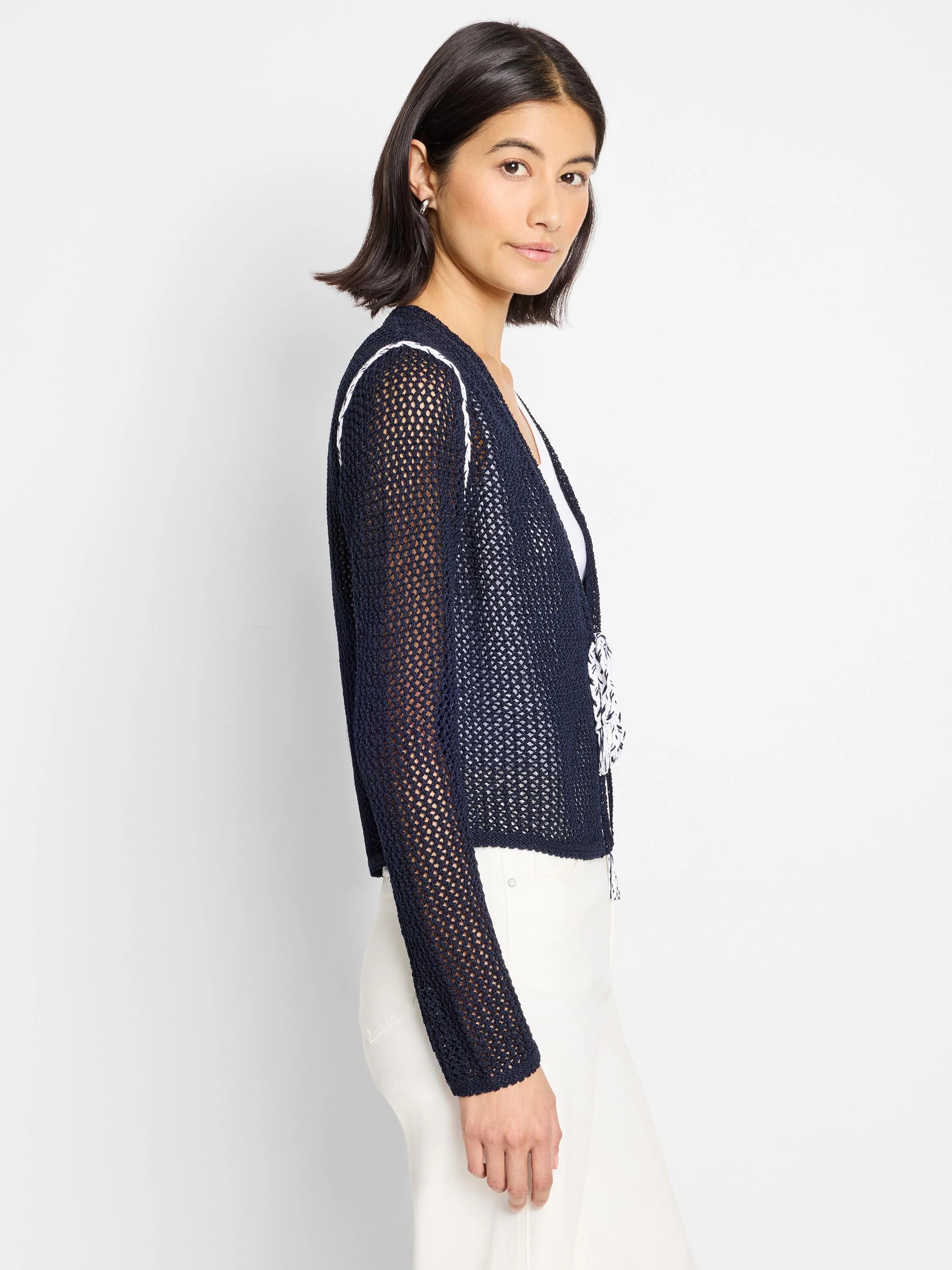 Navy blue mesh cardigan with white trim and ties. Open front.