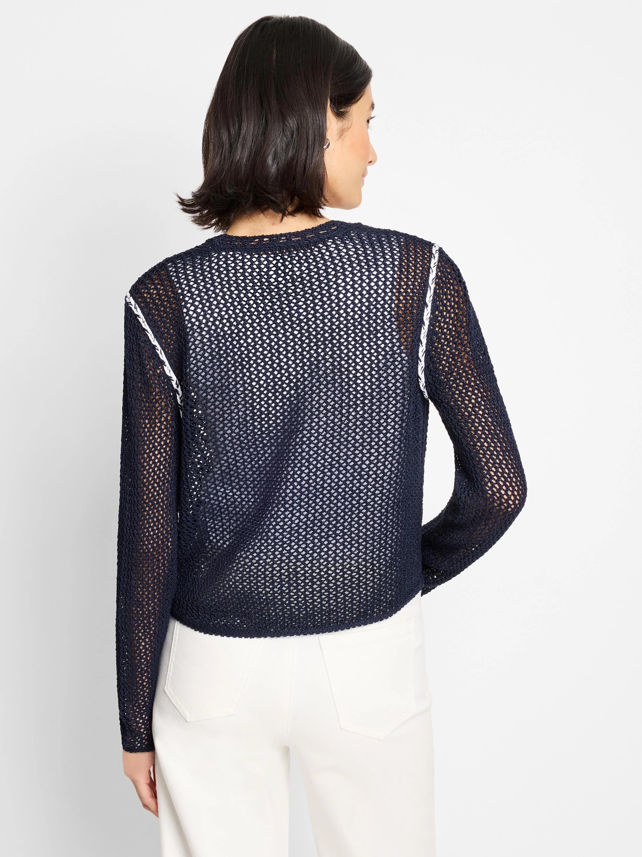 Navy blue mesh cardigan with white trim.  Long sleeves, open front.