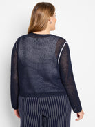 Navy blue mesh cardigan with white trim.  Open knit. Long sleeves.