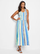 Knit tank and midi skirt set in blue, teal, pale yellow vertical stripes.