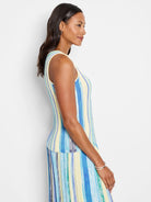 Image of sleeveless, pastel yellow, blue, and green vertically striped knit tank top.