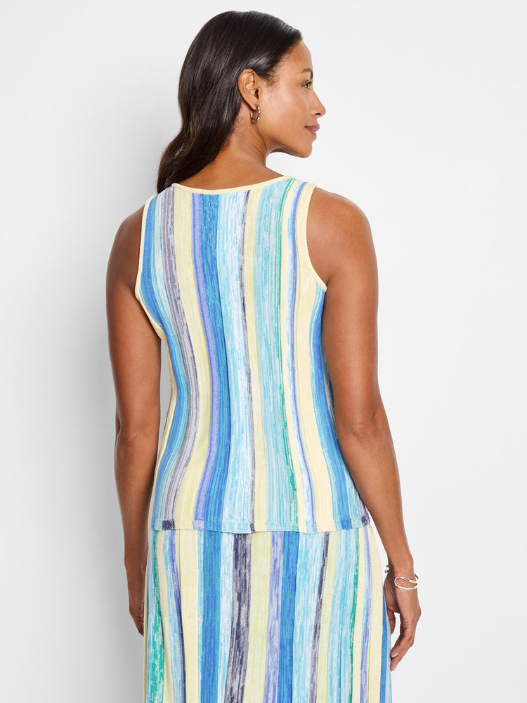 Here's alt text for the image, following all specifications:

Sleeveless knit tank; pale yellow, blue, and green vertical...