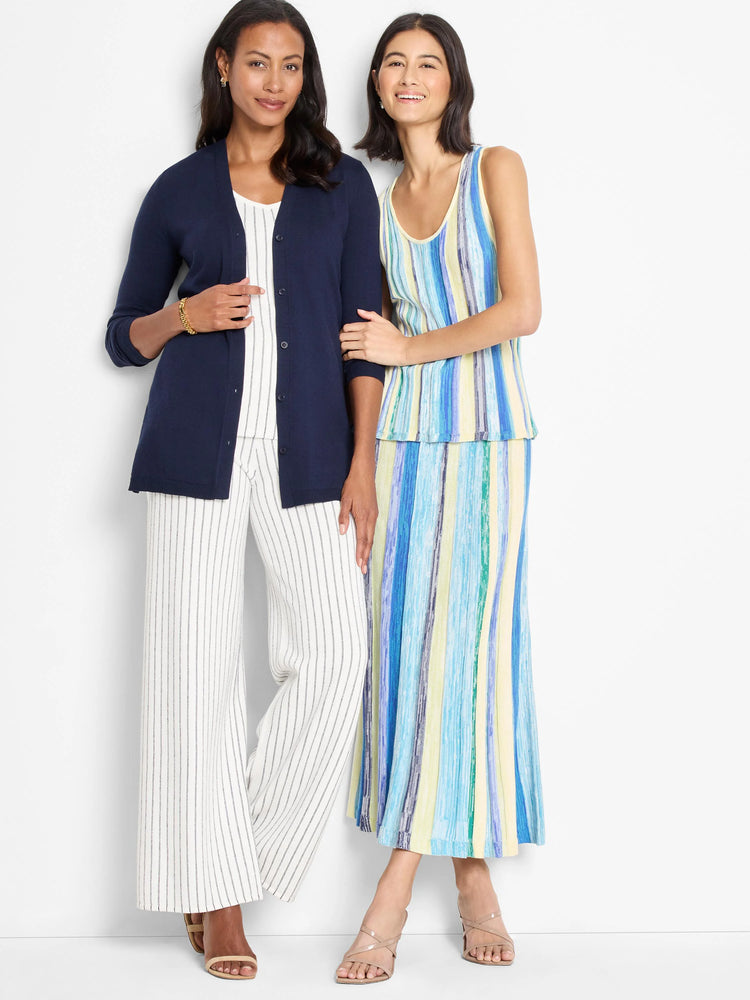 Knit tank; multicolored vertical stripes of blue, yellow, and white.  Sleeveless.