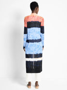 Long, open cardigan; horizontal stripes in coral, light blue, dark blue, and black.  Textured knit.
