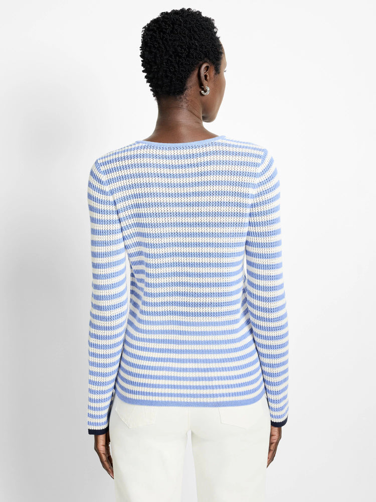 Back view of light blue and white horizontally striped, long-sleeved mesh sweater.  Navy blue cuffs.