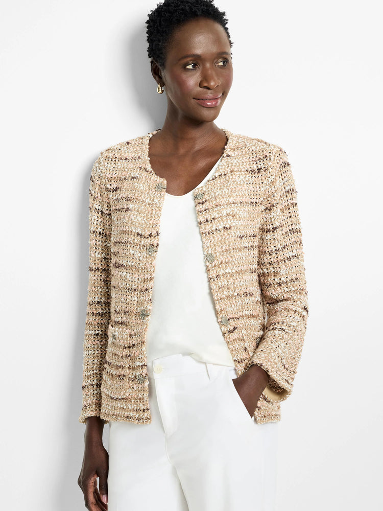 Beige knit jacket with brown and white flecks.  Front closure with decorative buttons.  Short sleeves.