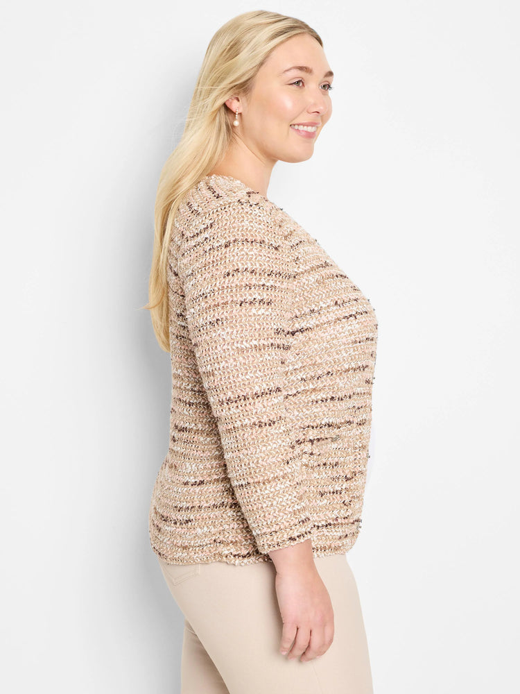 Beige knit jacket with brown and white flecks; three-quarter sleeves.