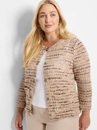 Beige knit jacket with pink and brown stripes,  button front closure.