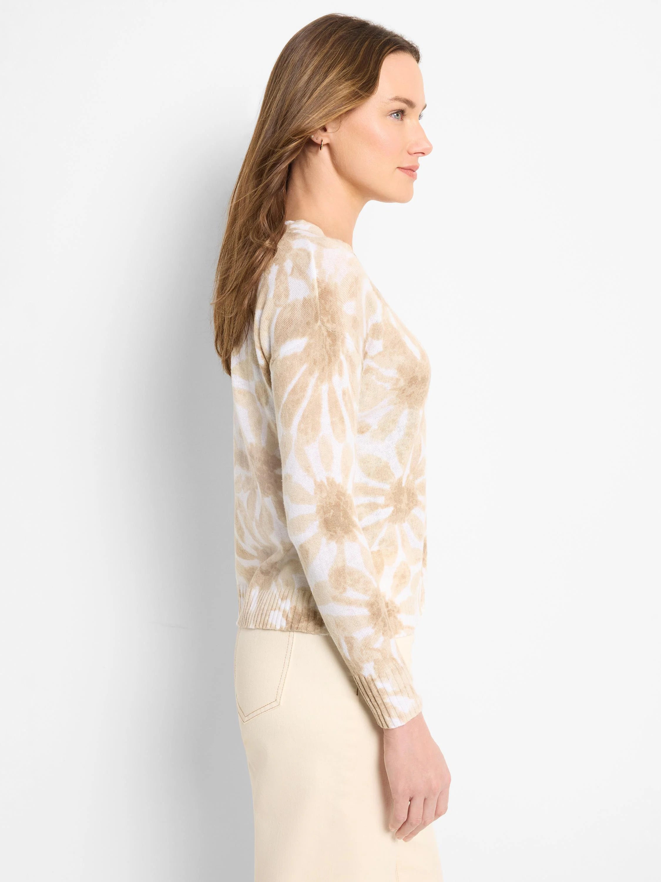 Image of beige sweater with a tie-dye pattern of lighter and darker beige.  Long sleeves, close-fitting.