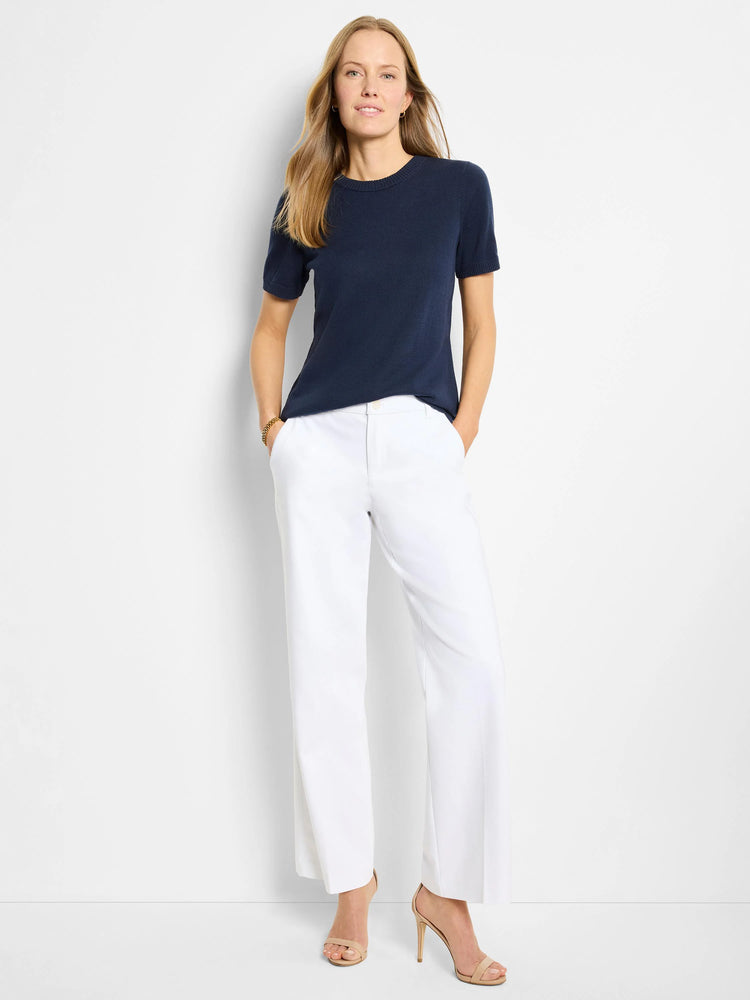 Navy blue scoop neck short-sleeved cotton sweater tee.