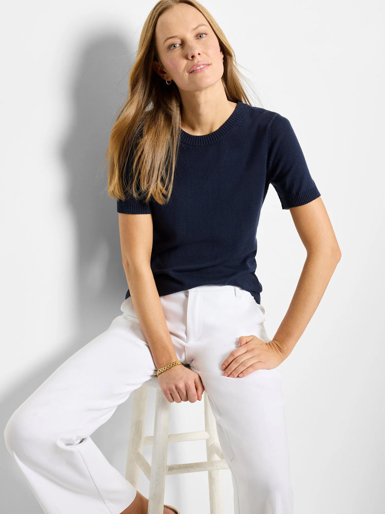 Navy blue, short-sleeved scoop neck cotton sweater tee.