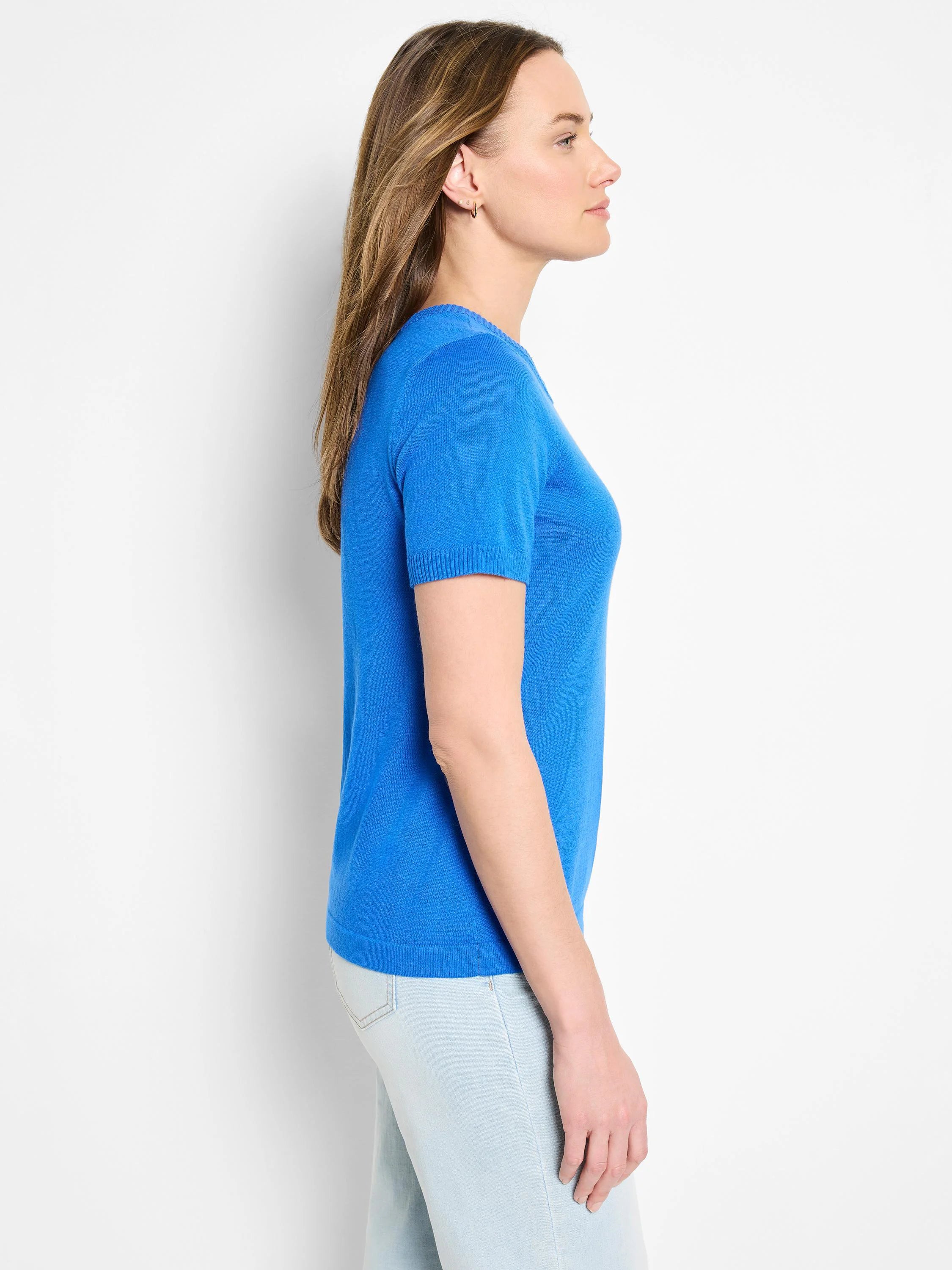 Bright blue, short-sleeved, scoop-neck cotton sweater tee.