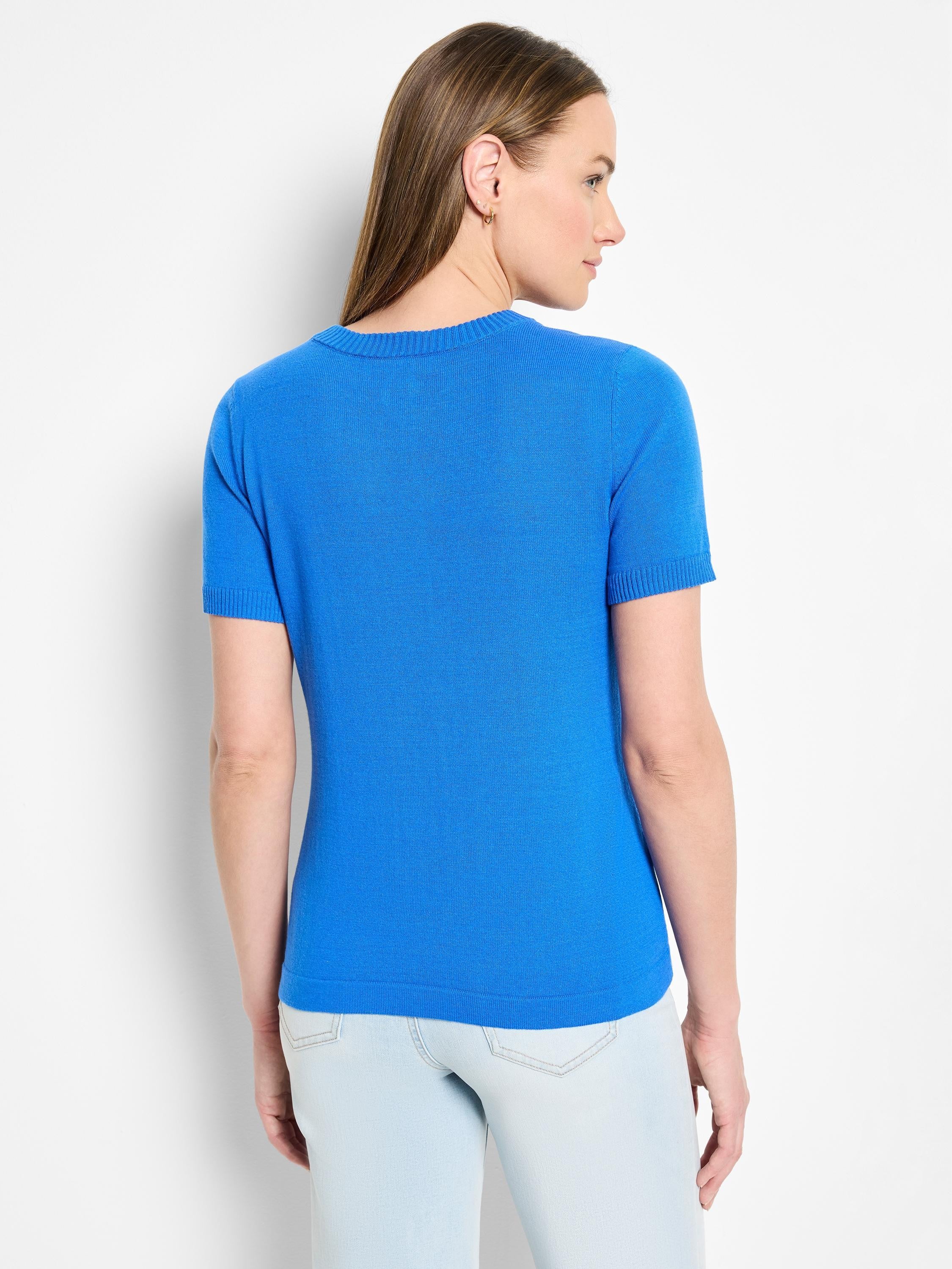 Back view of bright blue, short-sleeved cotton sweater tee.