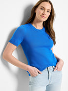 Bright blue, short-sleeved scoop-neck cotton sweater tee.