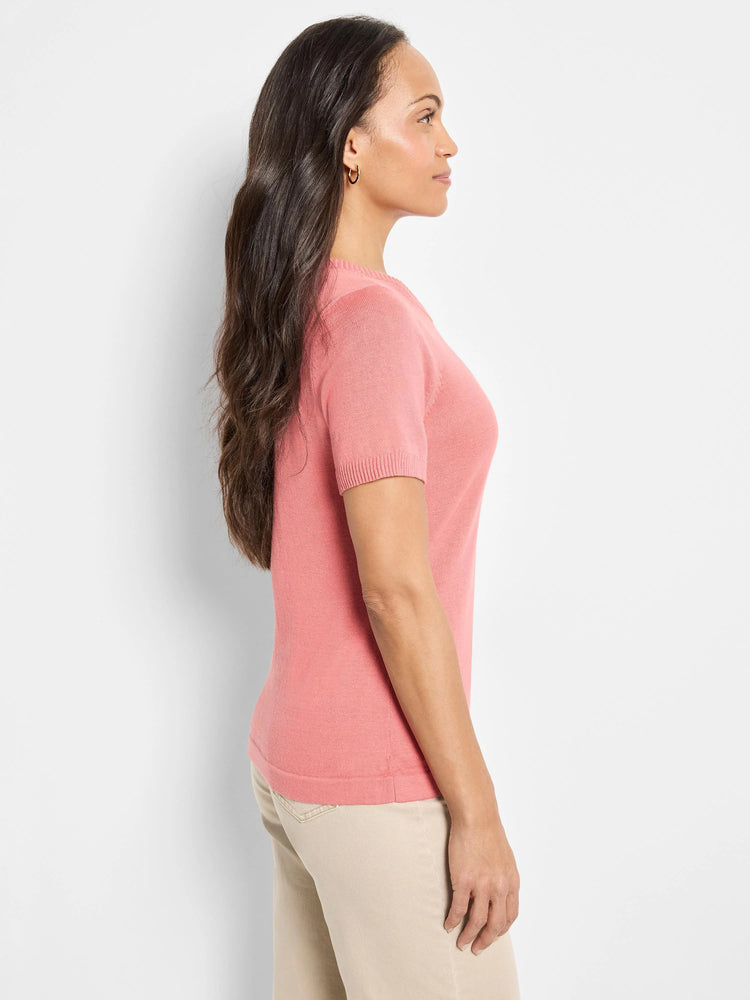 Salmon-pink, short-sleeved scoop neck cotton sweater tee.