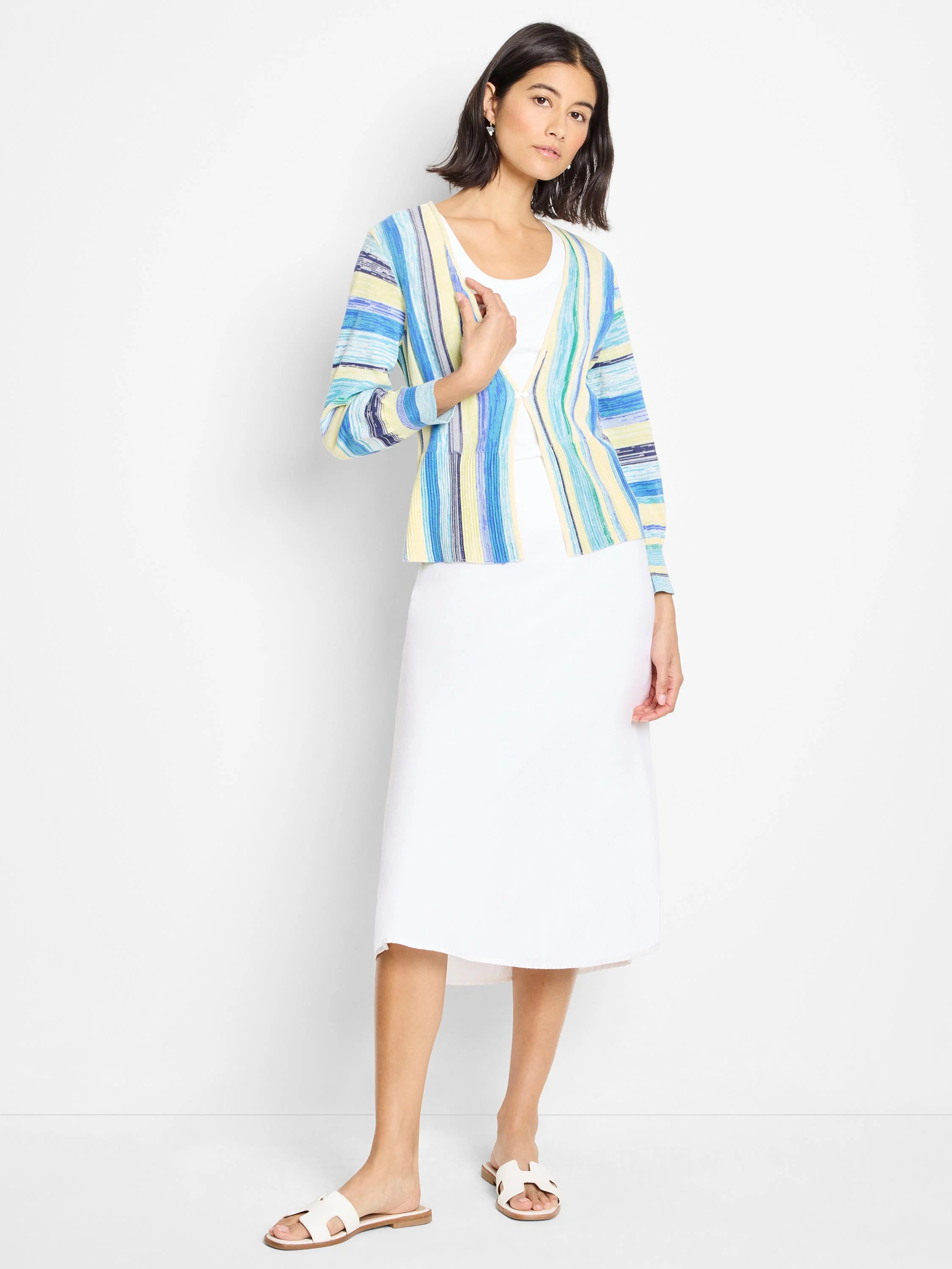 Striped cardigan in pale yellow, blue, and white;  three-quarter sleeves, open front.
