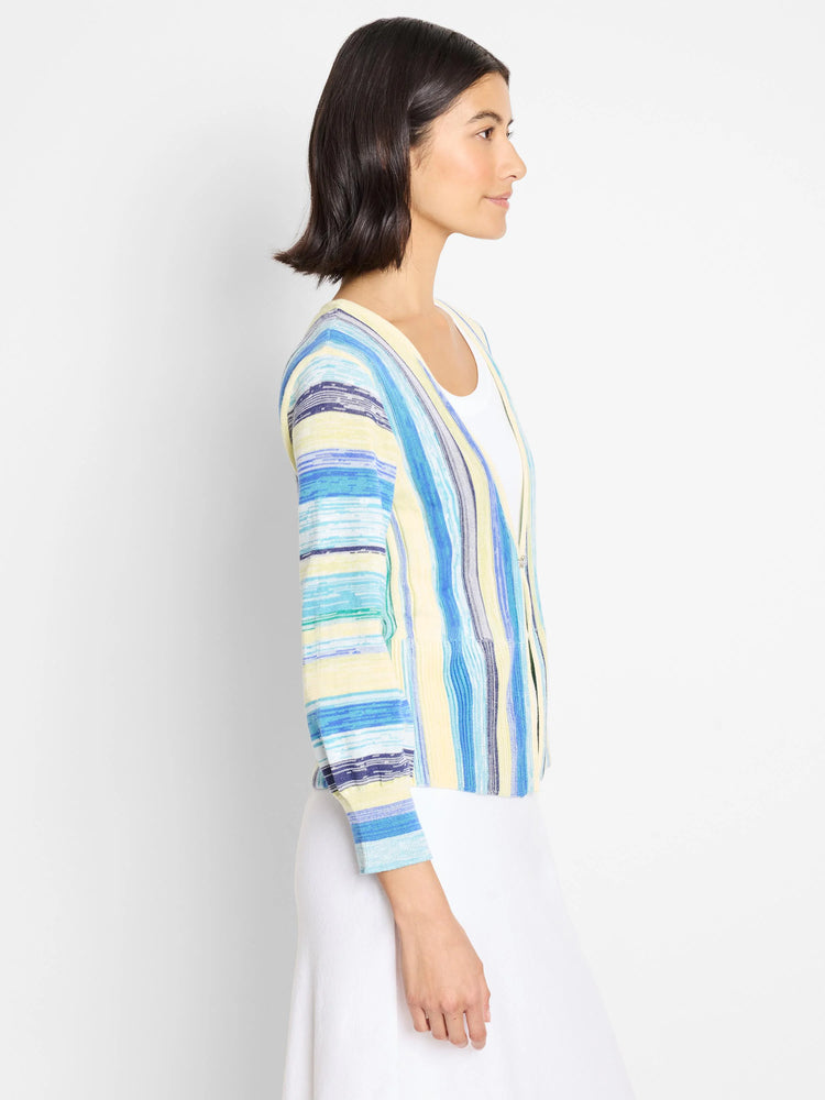 Pastel yellow, blue, and white striped cardigan.  Three-quarter sleeves, button front.