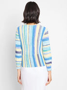 Back view of vertically striped cardigan.  Colors: pale yellow, light blue, darker blue, teal, and purple.  Long sleeves.