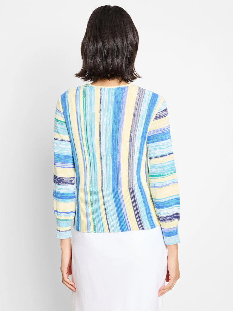 Back view of vertically striped cardigan.  Colors: pale yellow, light blue, darker blue, teal, and purple.  Long sleeves.