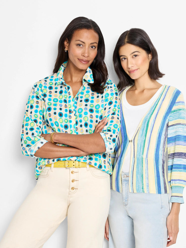 Striped cardigan in pale yellow, blue, and green hues.  Open front.