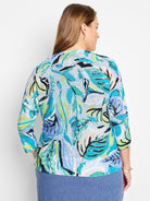 Teal, blue, green, and black leaf pattern on a light blue background. Three-quarter sleeves.