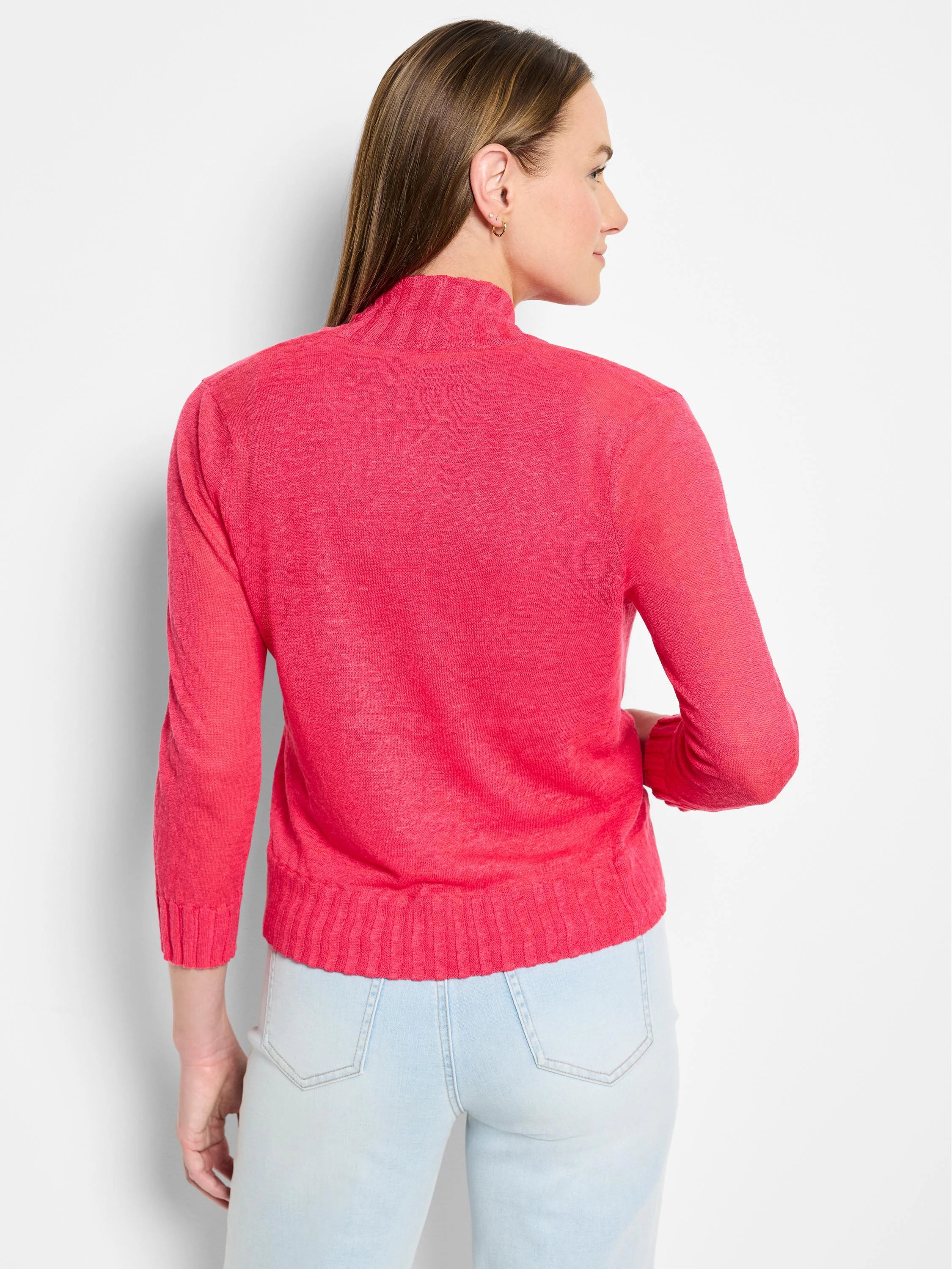 Bright pink, lightweight knit bolero top with mock neck, 3/4 sleeves, ribbed trim, shown from back.