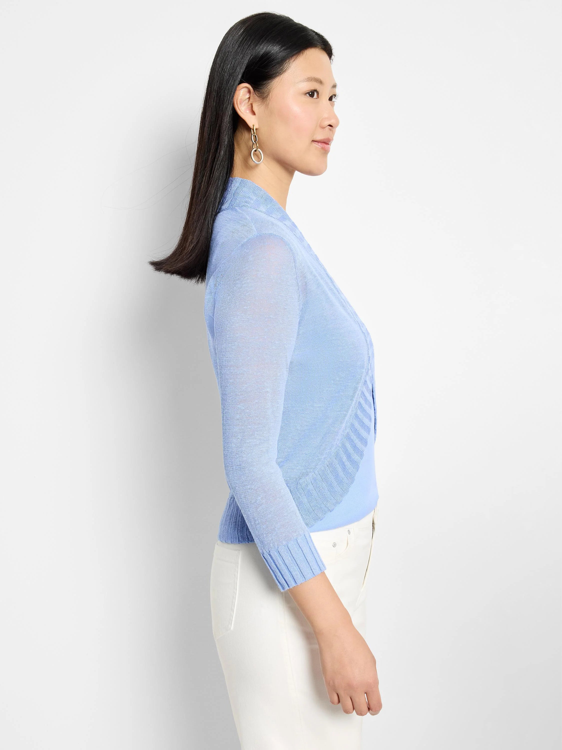 Light blue fine knit bolero with long, semi-sheer sleeves, ribbed cuffs, and an open, draped front.