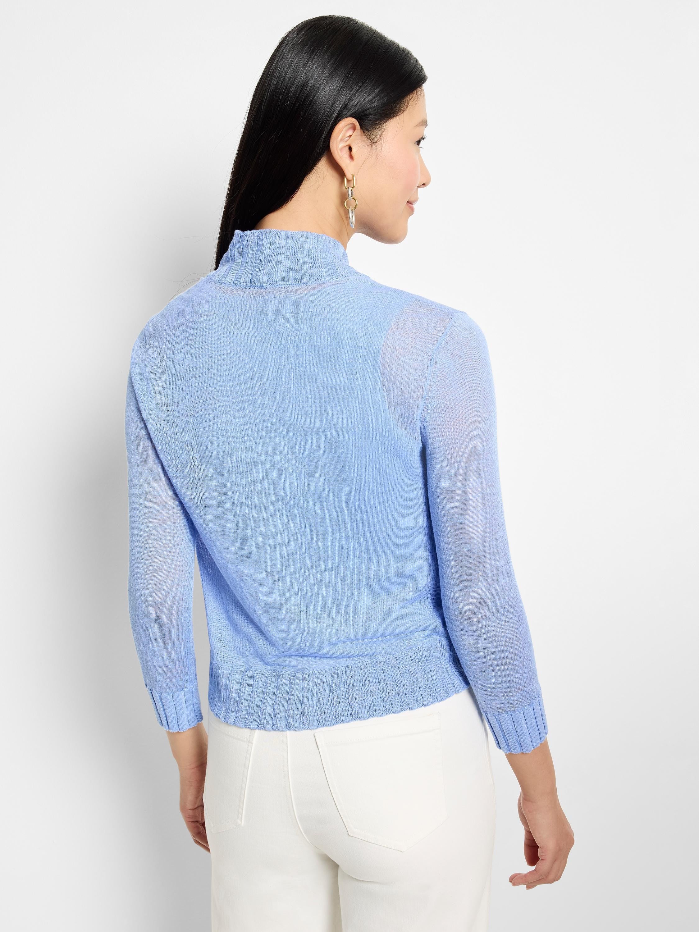 Light blue sheer knit bolero cardigan with mock neck, 3/4 sleeves, and ribbed cuffs & hem.