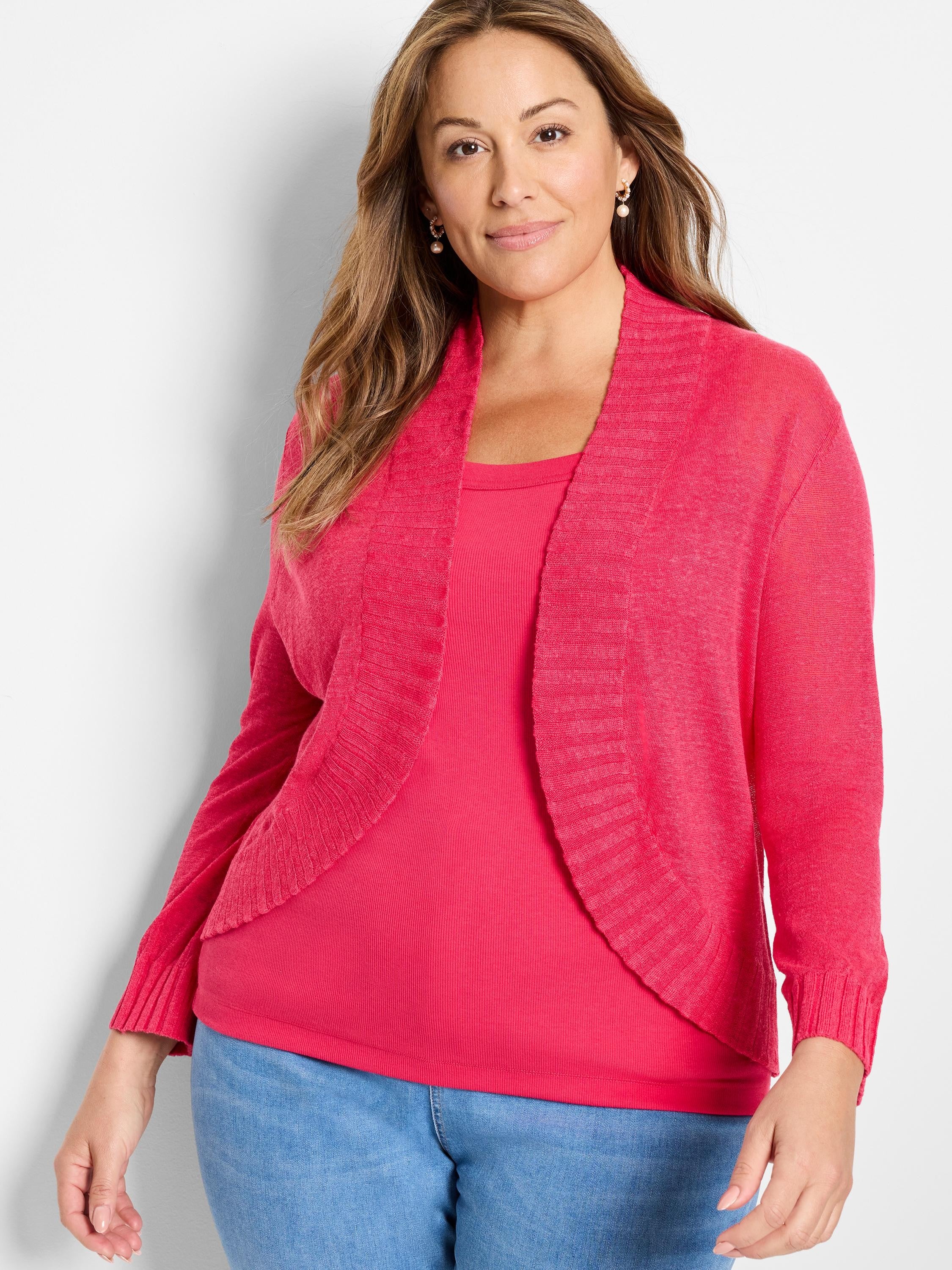 Fuchsia bolero cardigan, cropped, open front, lightweight knit with ribbed trim.