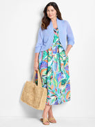 Light blue bolero cardigan features 3/4 sleeves, ribbed cuffs, and an open-front design.