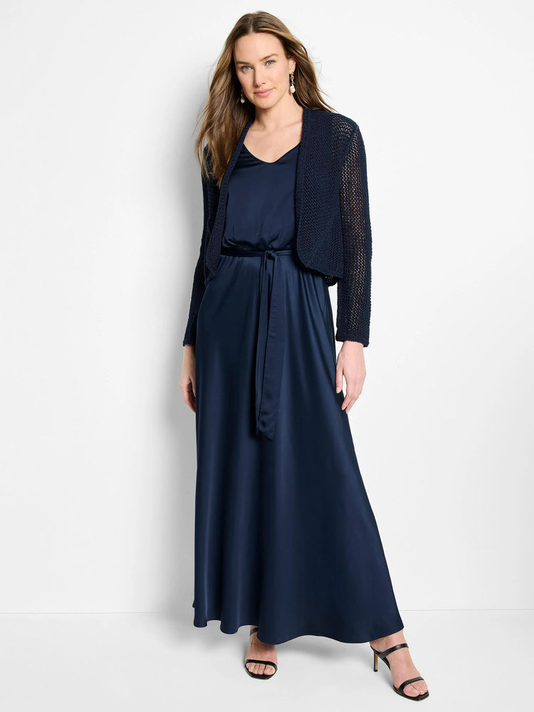 Navy blue open-knit mesh cocoon cardigan.