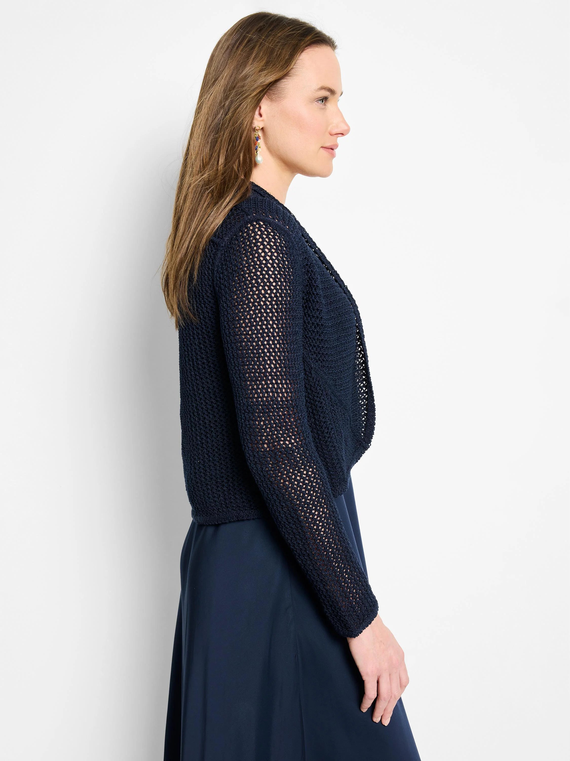 Navy mesh cocoon cardigan. Features open-knit pattern on sleeves and an open front.