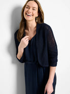 Navy mesh cocoon cardigan, open front with an open knit texture and 3/4 length sleeves.