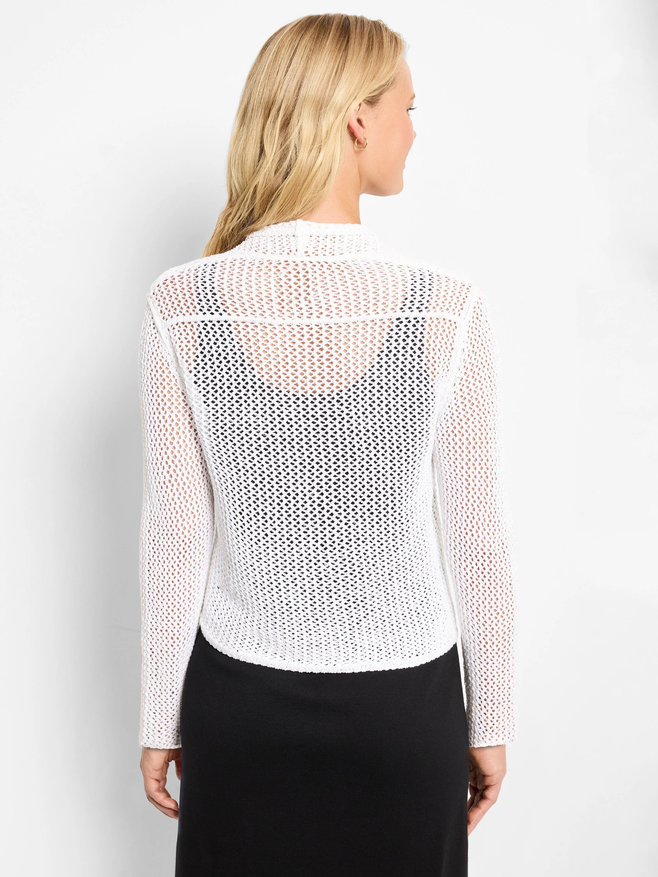White mesh cardigan, long sleeves, open knit reveals black top, viewed from back.