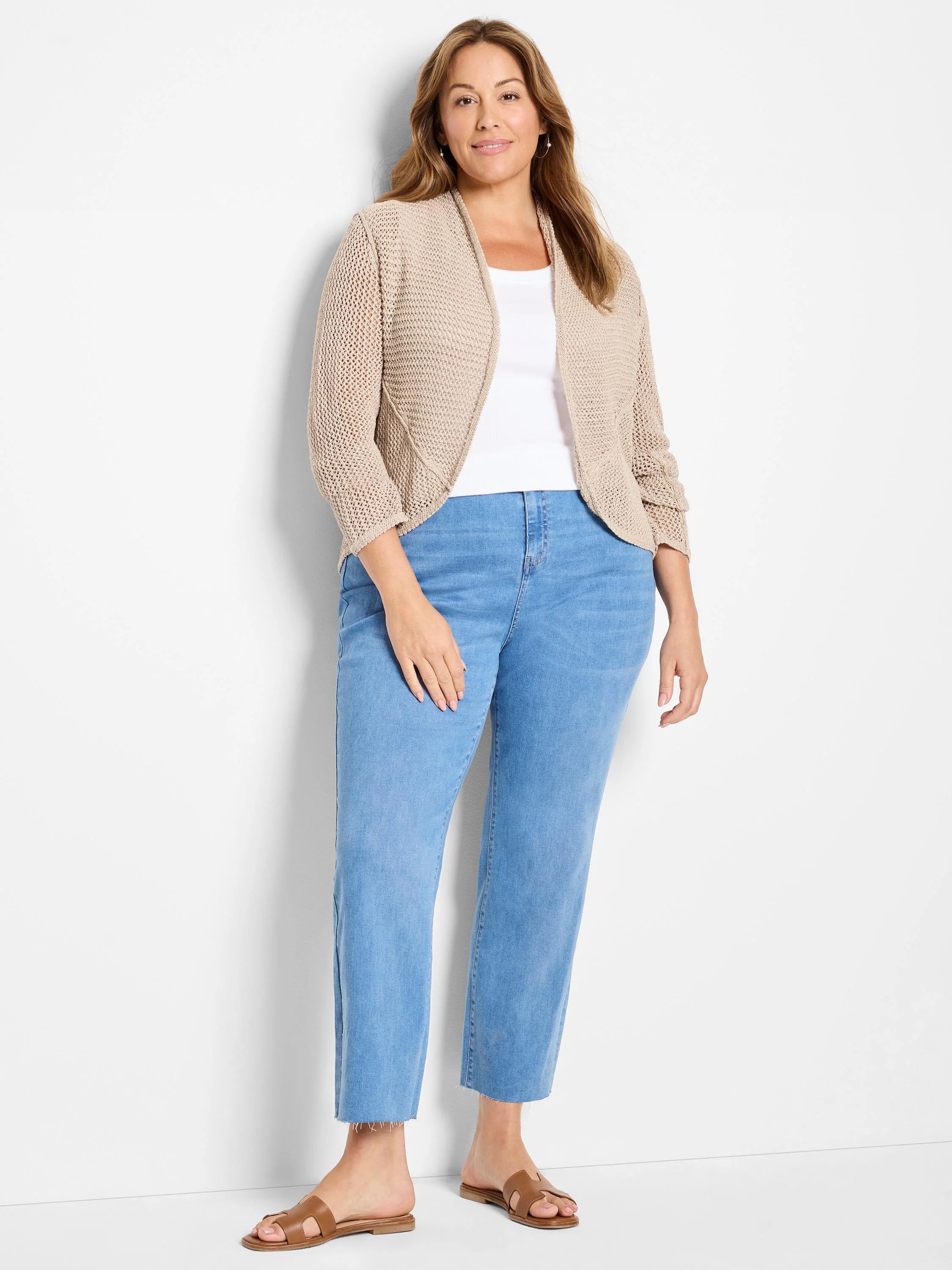 Beige mesh cocoon cardigan, open-front with 3/4 sleeves.