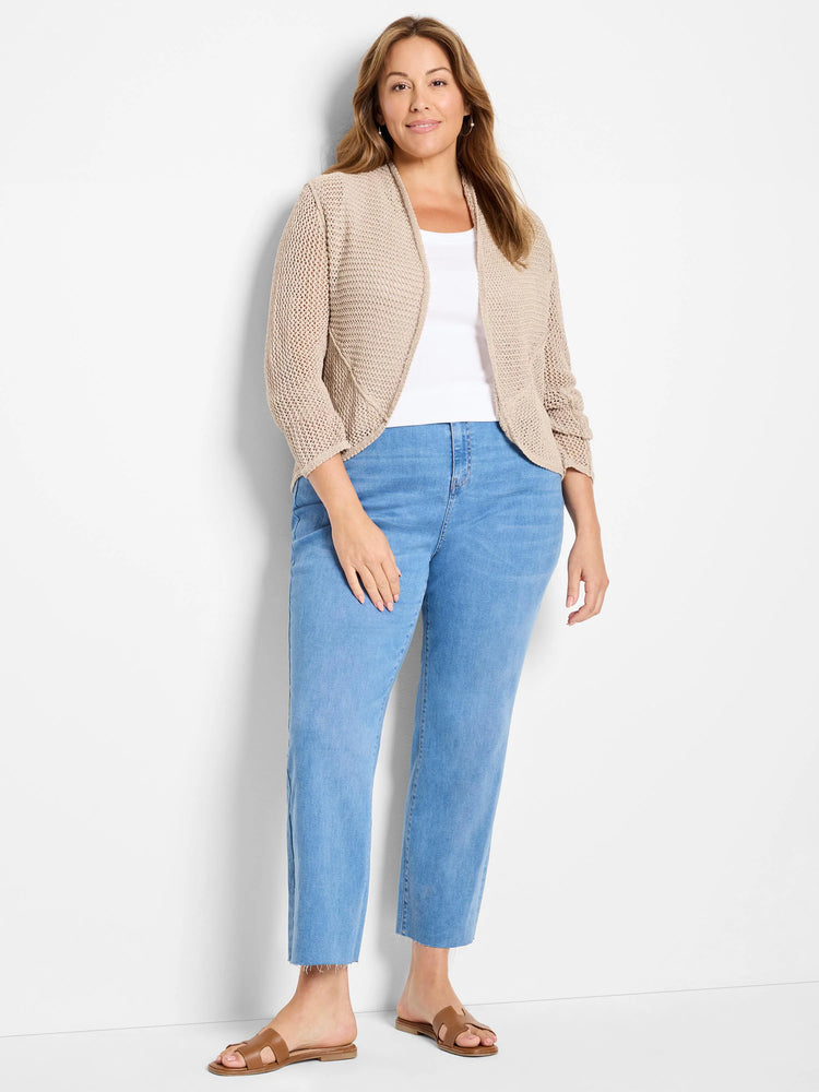 Beige mesh cocoon cardigan, open-front with 3/4 sleeves.