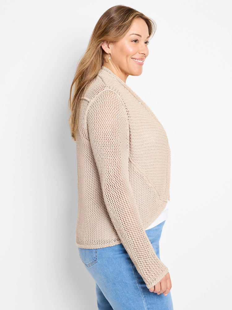 Tan mesh cocoon cardigan with open, airy knit and visible holes, draped loosely on a model.
