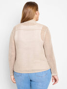 Light beige open-knit mesh cocoon cardigan, back view on model. Loose fit, long sleeves.