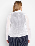 White open-knit mesh cardigan with a loose fit, shown from behind on a model.