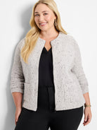 Relaxed light gray textured zip jacket featuring a collarless neckline, three-quarter sleeves, and front patch pockets.