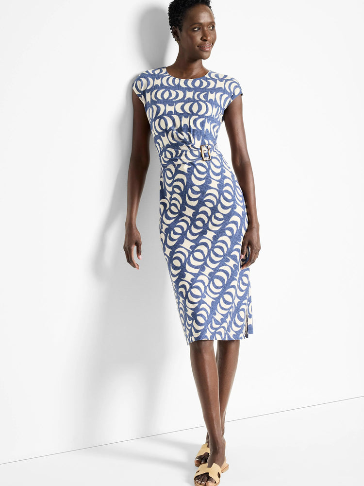 Knee-length dress, blue and cream abstract print, short sleeves, belted waist.