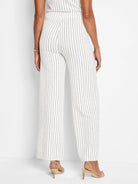 Image of wide-leg pants; off-white with thin, dark-blue vertical stripes.  Rear view.