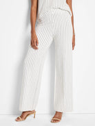 Wide-leg pants; off-white with thin, dark-grey vertical stripes.