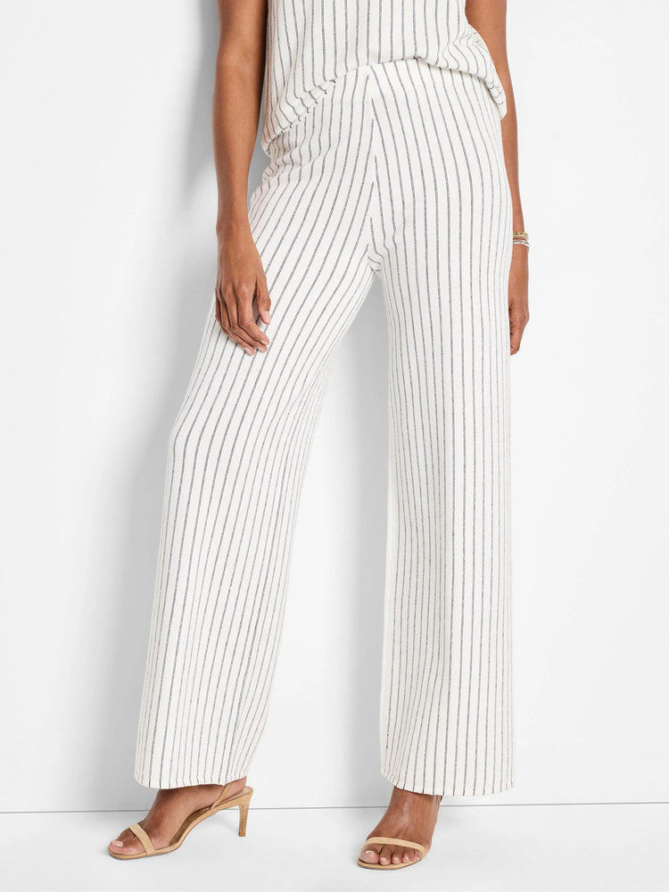 Wide-leg pants; off-white with thin, dark-grey vertical stripes.