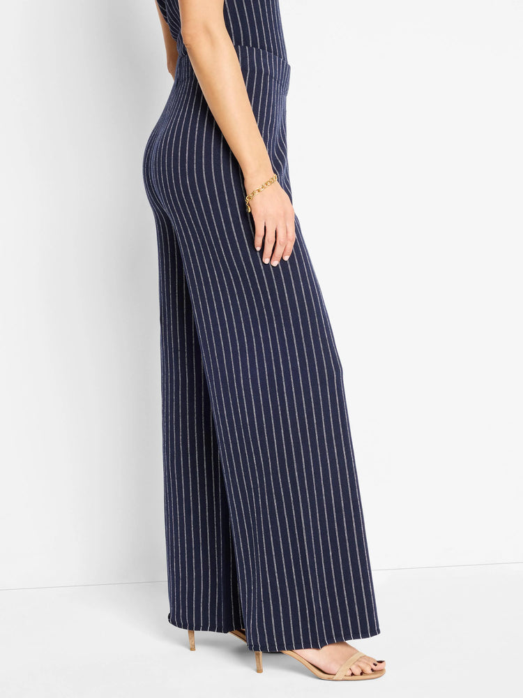 Here's alt text that meets the requirements:

Navy blue wide-leg pants with thin white pinstripes.