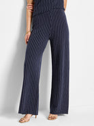 Navy blue wide-leg pants with thin white pinstripes.