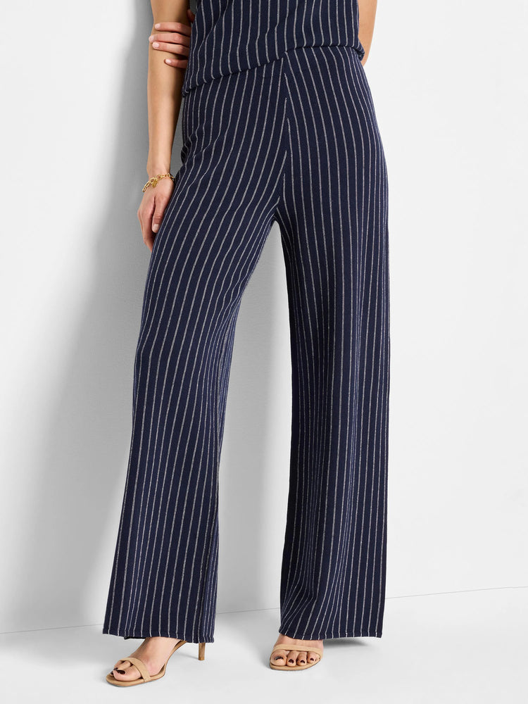 Navy blue wide-leg pants with thin white pinstripes.