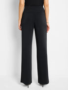 Black wide-leg pants; high-waisted, solid color, straight legs.