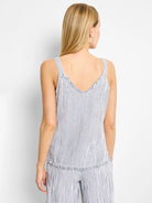 White tank top with thin, dark blue pinstripes and a frayed neckline and hem.
