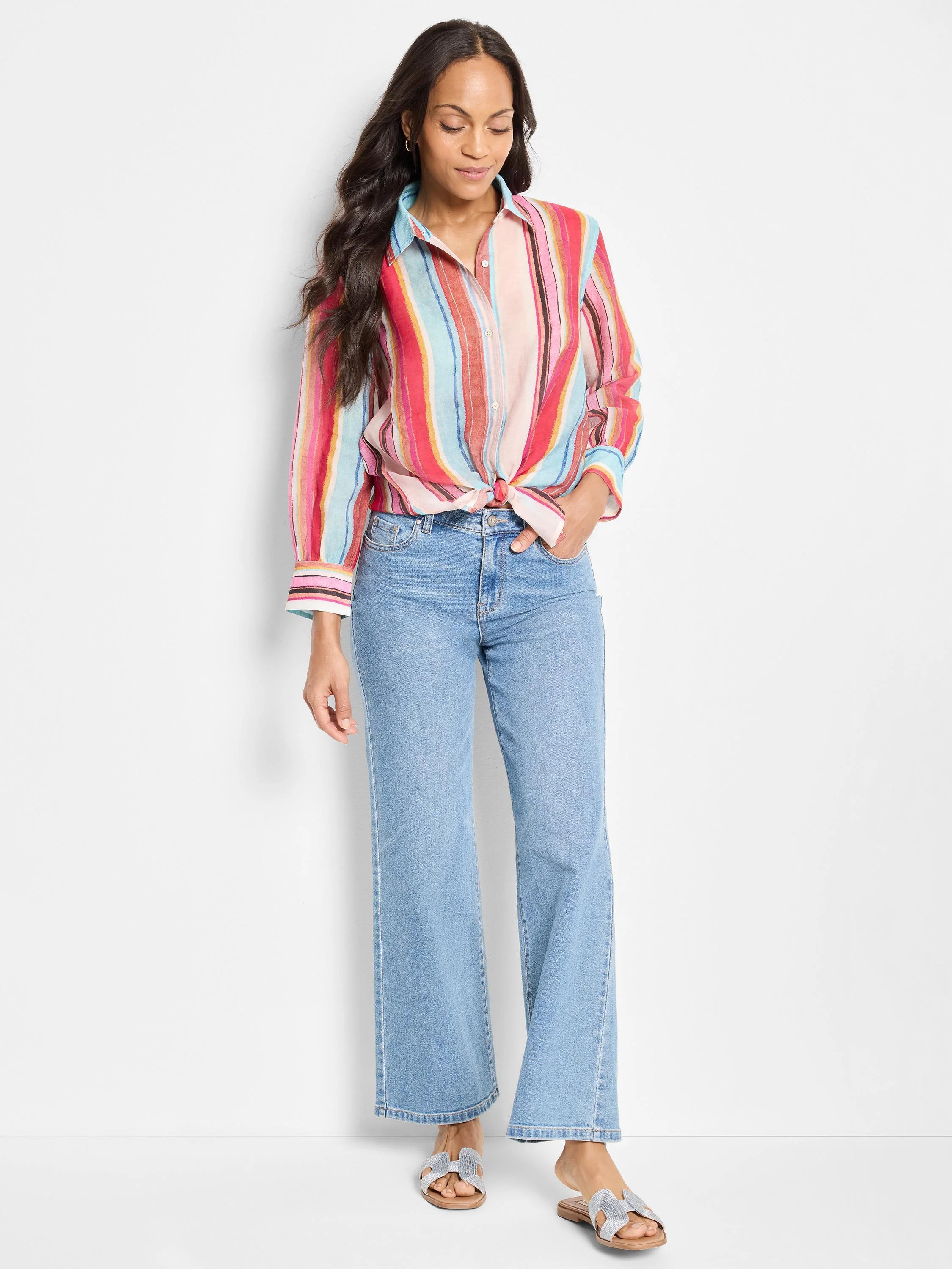 Horizon Breeze Shirt: Multicolored vertical stripes (pink, red, orange, blue, white) on a long-sleeve button-down shirt;...